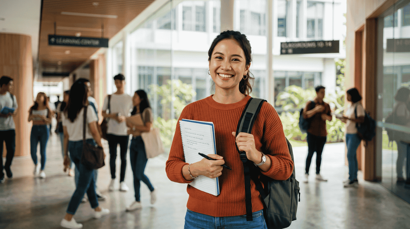 Smiling female student holding a notebook and pen walking through a bright university campus hall.