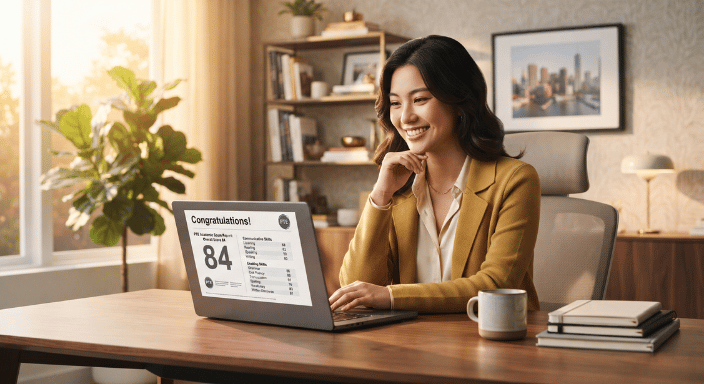 Smiling woman at a desk looking at a laptop showing a PTE score report of 84 beside explanatory text on PTE scoring.