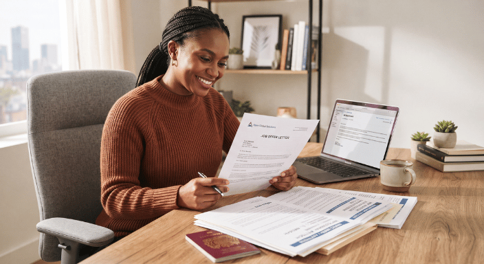Smiling professional woman holding a job offer letter at her desk with a laptop, representing GAQM accredited professional certification success.