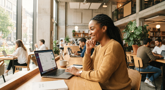 Professional woman working on a laptop at a table in a modern study environment or office
