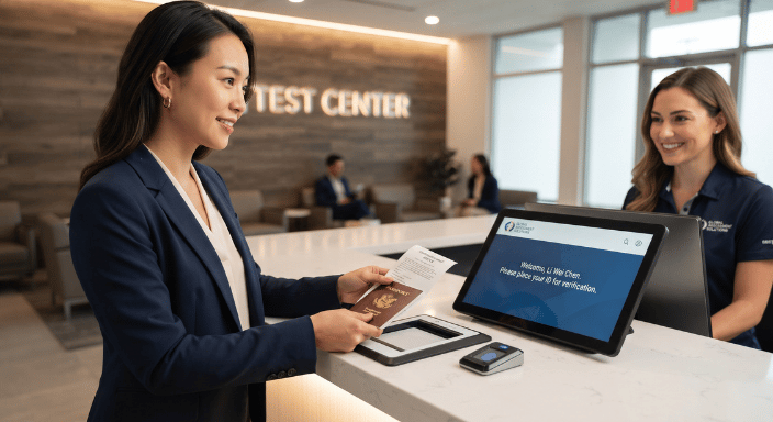 Professional woman presenting identification at an official test center reception desk for certification verification.