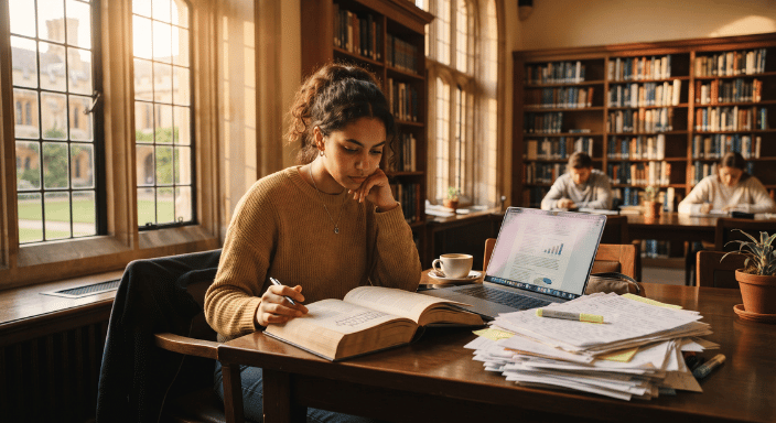 Focused female student studying with textbooks and a laptop in a university library for English exam preparation.