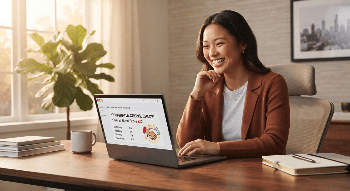 Smiling professional woman sitting at a modern desk using a laptop for online skills training and certification.